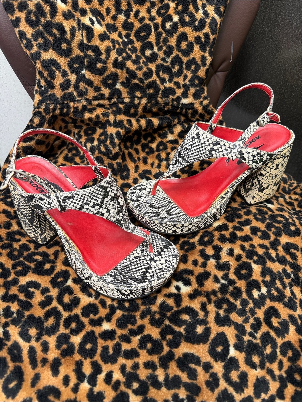 Vintage Rocket Dog Black & White Snakeskin Platform Chunky Heels Slingback Y2K